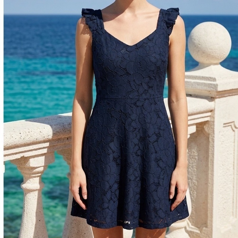 Navy Blue Floral Lace Ruffle Sleeve Fit & Flare Dress Large Romantic Wedding Boo
